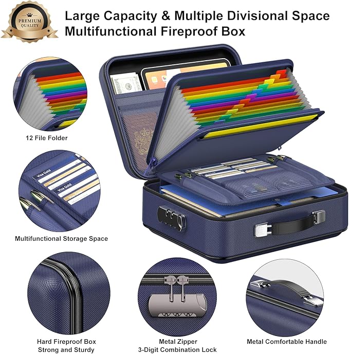 COLCASE Fireproof File Box, Hard Case Fireproof Document Organizer with Lock Hard-Shell Design Fireproof Water Resistant Safe