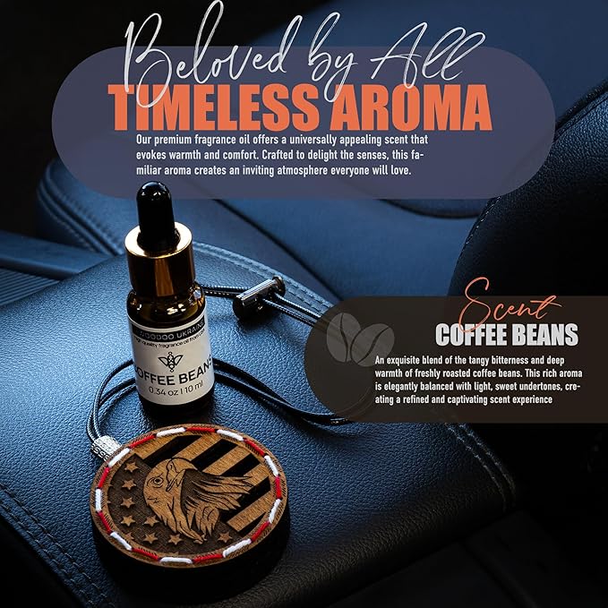 Handmade Wood Car Air Freshener — American Flag Designed Refillable Essential Oil Diffuser — Long Lasting Coffee Beans Fragra