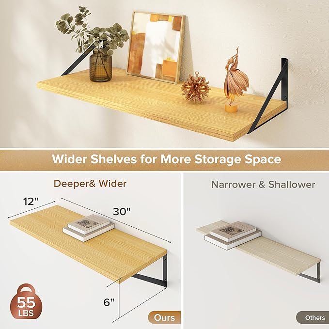 Deep Floating Shelves Wall Mounted, 30"x12" Oak Wall Shelves with Brackets Set of 2 for Bedroom, Living Room, Bathroom, Kitch