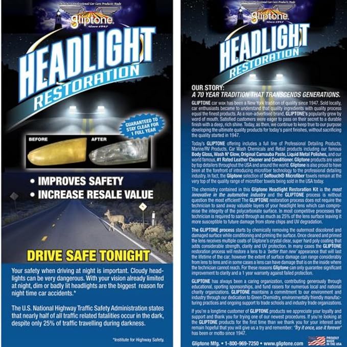 Gliptone Headlight Restoration Kit, No Sanding or Tools Required, Restores Yellowed and Cloudy Headlights, Improves Night Vis