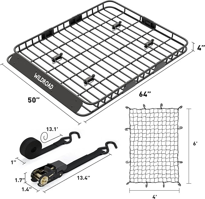 WILDROAD Roof Rack Cargo Basket, Upgraded 4” Fence Wide Car Roof Basket, 64"x 50"x 4" Universal Car Top Carrier Basket with Super Duty Bungee Cargo Net and Ratchet Straps Fits for SUV Truck Cars