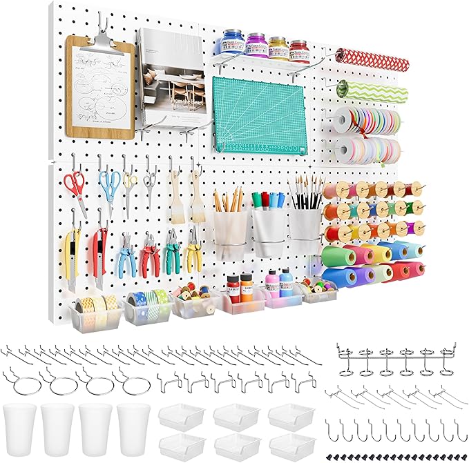 FZK Peg Board, 82PCS Metal Pegboard Wall Organizer Kit. Heavy Duty Pegboard, Peg Boards, Pegboard for Walls, White Pegboard f