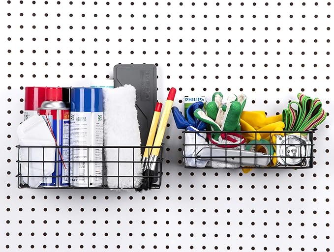 Pegboard Basket Set of 2, Medium + Small Size Basket, Black - Hooks to Any Peg Board - Organize Tools, Workbench, Accessories