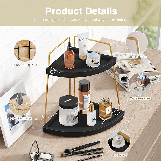 Forbena Black and Gold Corner Bathroom Counter Organizer, Modern Kitchen Countertop Shelf Organizer for Sink, Two Tier Makeup