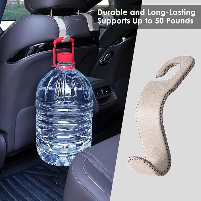 Leather Car Hooks for Headrest - Fully Leather-Wrapped U-Shaped Purse Holder for Car, Flexible Seat Back Organizer & Durable Car Accessories for Purses, Bags, Coats & More (Beige, 2 Pack)