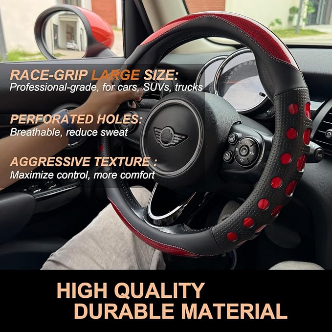 PINCTROT Large Size Race Grip Steering Wheel Cover, Anti-Slip Silicone Perforated Design with Soft Touch Padding, Enhanced Grip for Sporty Driving 15.5-15.75 Inch (Racing Red)