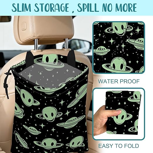 Car Trash Bag Abstract Green Aliens and UFO Leak-Proof Car Garbage Bag with Drawstring Foldable Canvas Trash Bin with Adjustable Buckle for Car Accessories