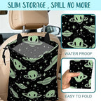 Car Trash Bag Abstract Green Aliens and UFO Leak-Proof Car Garbage Bag with Drawstring Foldable Canvas Trash Bin with Adjustable Buckle for Car Accessories