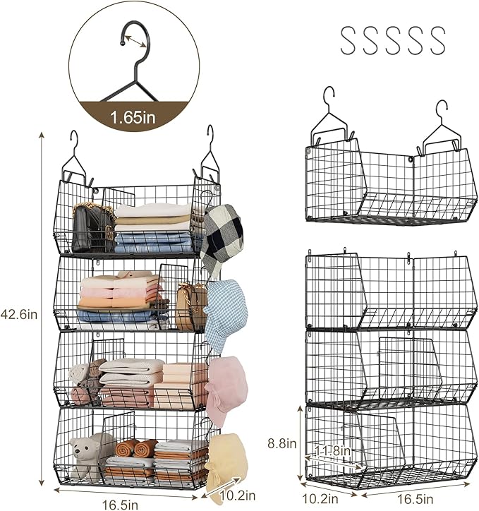 Jautokerdar 4 Tier Hanging Closet Organizer with Dividers,Extra Large Storage Hanging Shelf with 5 S Hooks 4 Dividers,Hang on