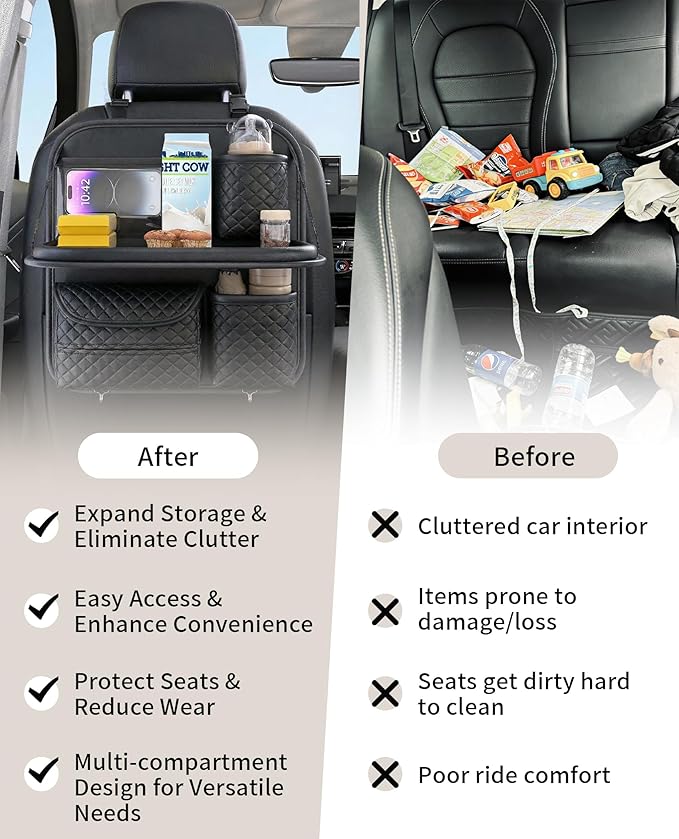 Leather Backseat Car Organizer with Foldable Table Tray & Cup Holder - Car Backseat Organizer for Kids, Women, Road Trip Essentials for SUVs, Trucks and Cars (Black)