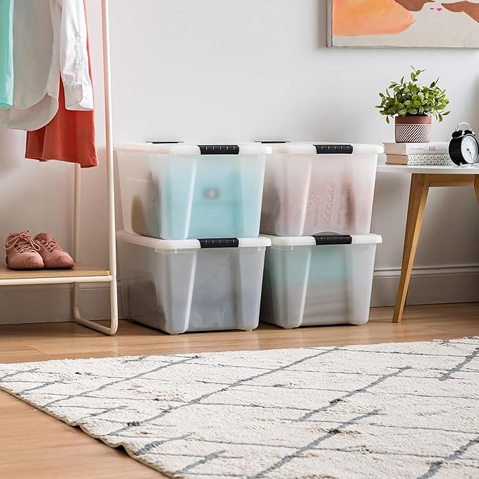 IRIS USA 40 Qt Stackable Plastic Storage Bins with Lids, 4 Pack - BPA-Free, Made in USA - Discreet Organizing Solution, Latch