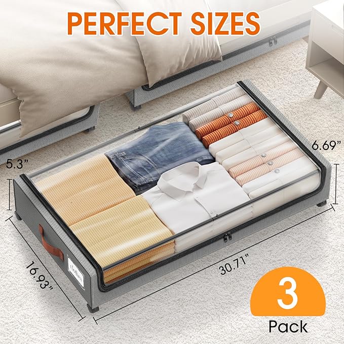 Under Bed Storage with Wheels 3Pack Underbed Storage with Clear Window&Label Under Bed Drawers Large Capacity Rolling Under B