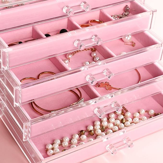Frebeauty Extra Large Acrylic Jewelry Box for Women 5 Layers Clear Jewelry Organizer Velvet Earring Box with 5 Drawers Rings 