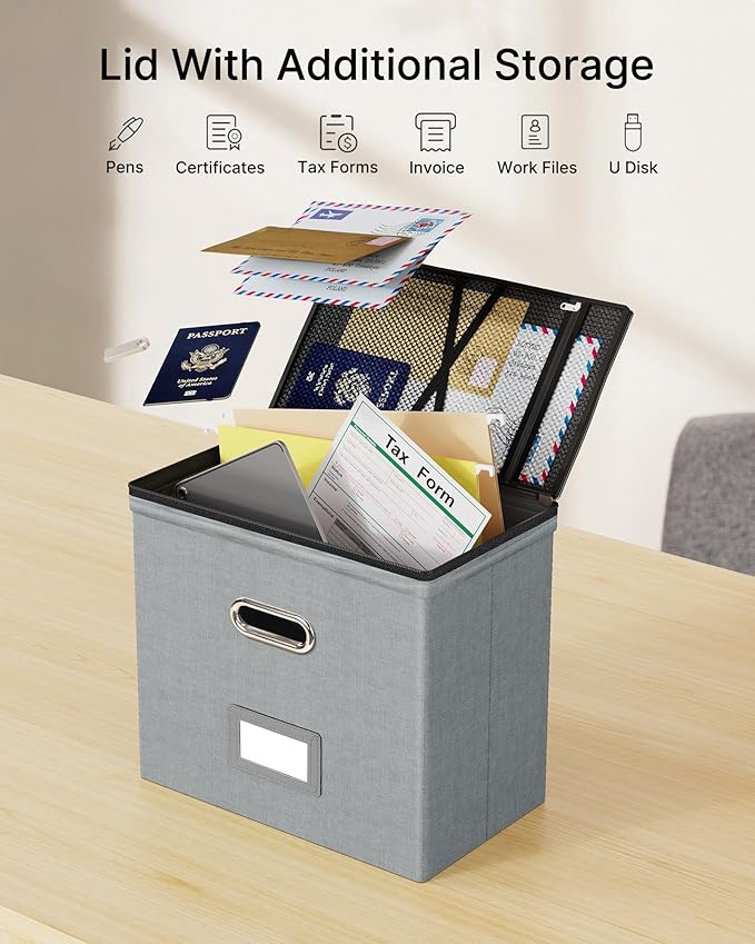 Oterri 2 Pack File Organizer Boxes with Lids, File Box with Mesh Pockets, Document Organizer Box for File Folders Letter Size