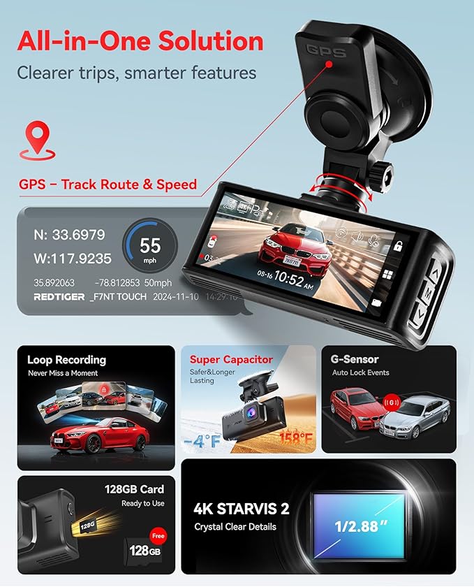 REDTIGER 4K STARVIS 2 Dash Cam Front and Rear, 5GHz WiFi 20MB/s Download, 128GB Card Included, Voice Control, Dash Camera for
