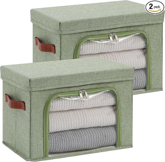 2PCS Large Storage Bins Boxes with Lids Clear Window Zipper Closure Decorative Cotton Linen Fabric Baskets with PU Leather Ha