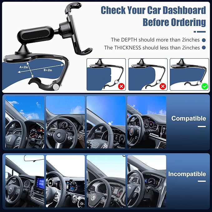 360 Degree Rotation Dashboard Cell Phone Holder for Car Clip Mount Stand Suitable for 4 to 7 inch Smartphones (Black)