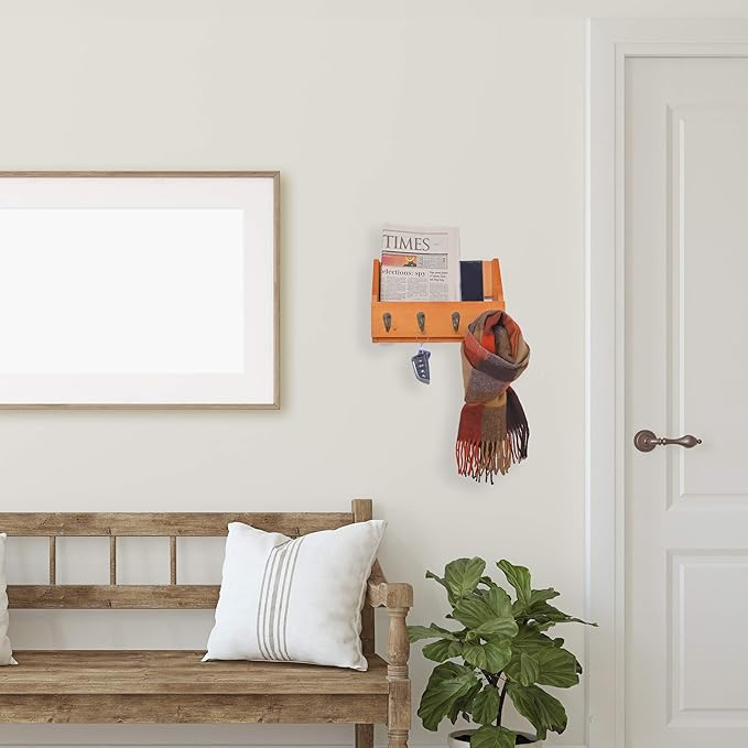 Flintar Wall Mounted Key and Mail Holder with 4 Hooks. Made of Solid Wood. Use as Key Rack, Entryway or Mudroom Organizer, Ma