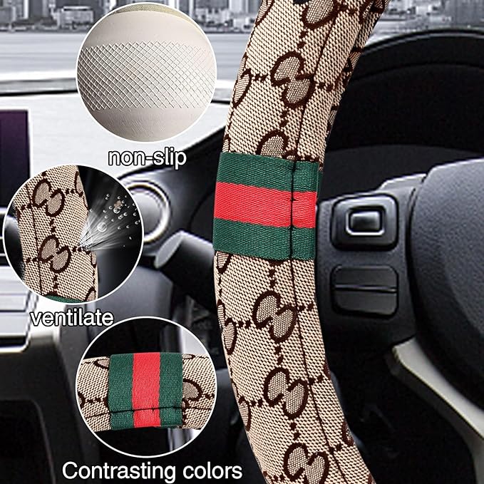 5PCS Steering Wheel Cover, with 2 Headrests, 2 Seat Belt Covers - Universal Fit for 14.5-15" Steering Wheel, Enhances Driving Experience - Perfect for Women (Beige)