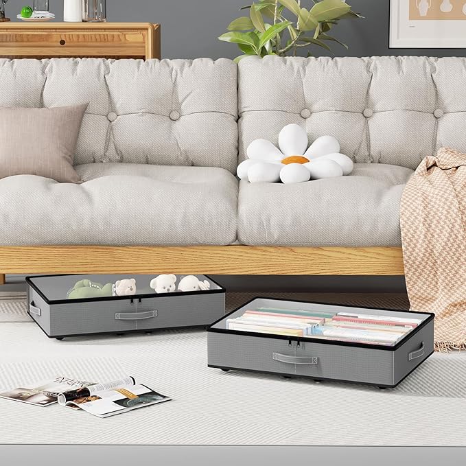 Under Bed Storage with Wheels, No Assemble Required 5.5 inches height grey under bed storage bins,Low Profile Rolling Underbe