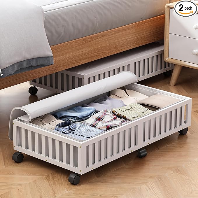 Bamboo Under Bed Storage Containers with Wheels, 2 Pack Large Under the Bed Shoe Storage Bins, Wood Rolling Underbed Drawers 