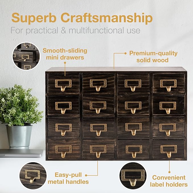 Dark Ash 16-Drawer Card Catalog Artisan Drawer Chest - 20"x3.6"x14" - Desktop Apothecary Crafted in Solid Wood, Curating Time