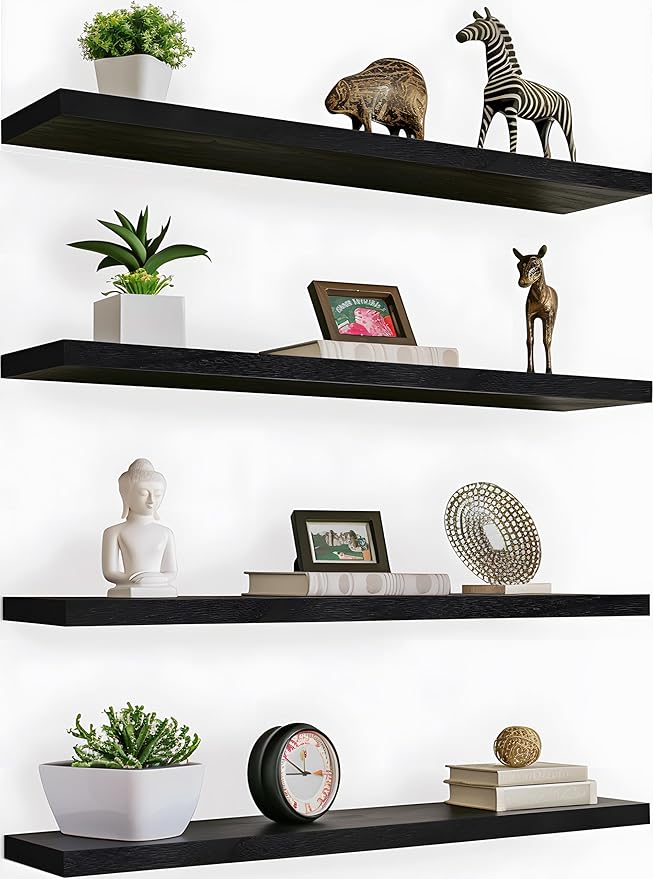 PHPH 36 Inch Wood Floating Shelves for Wall, Wooden Wall Shelves for Bedroom, Set of 4 Black