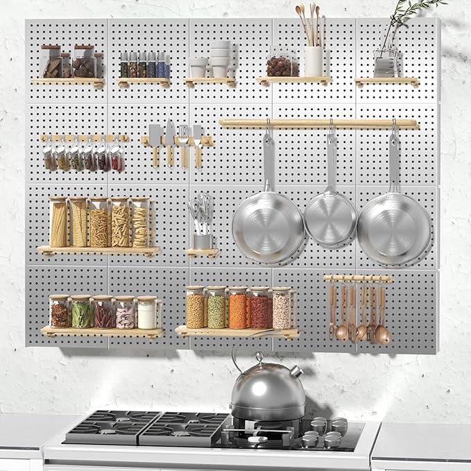 FZK Peg Board, 4 Pack Metal Pegboard Kit,Silver Pegboard Wall Organizer with 32 Pcs Hooks, Peg Board for Walls Home, Garage T
