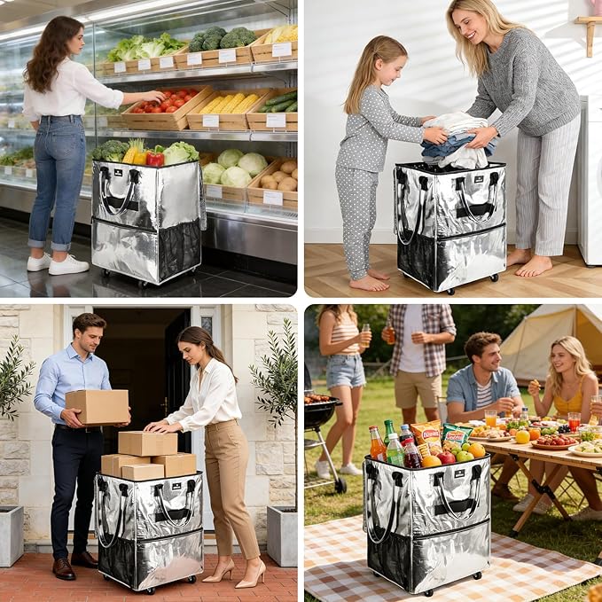 Reusable Grocery Bag On Wheels, Foldable Shopping Rolling Tote Bag with 6 Pockets, 3-Way Carry & Sturdy Handles, Zippered Top, Folds Flat for Shopping, Camping, Moving, Small, Silver