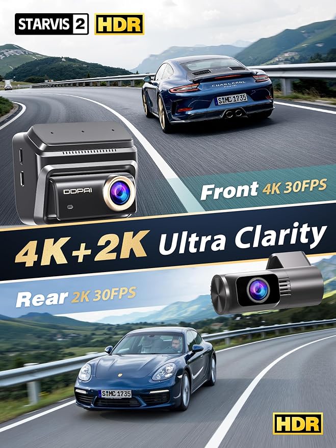 DDPAI 4K Dash Cam Front and Rear, STARVIS 2 IMX678, Built-in 64G eMMC Dual HDR Car Camera, WiFi Dash Camera for Cars with GPS