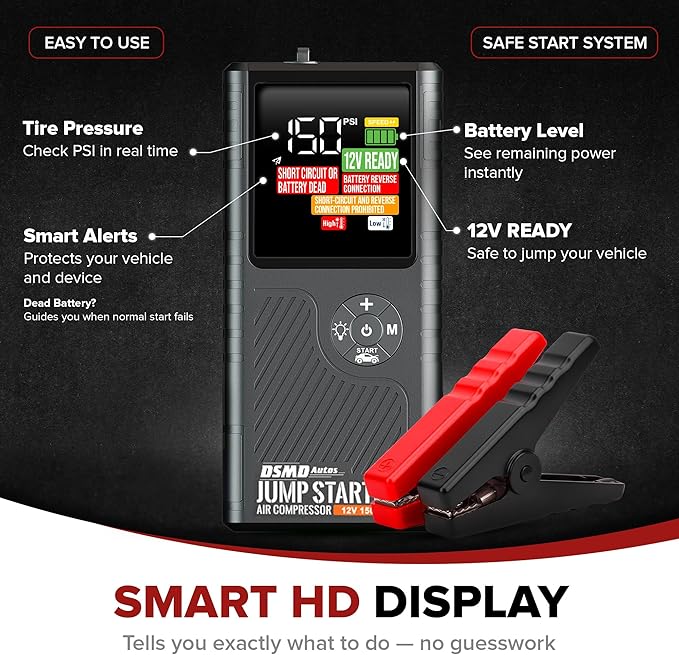 Jump Starter with Air Compressor, Portable Car Battery Jump Starter, 150 PSI Tire Inflator & Battery Booster - Starts