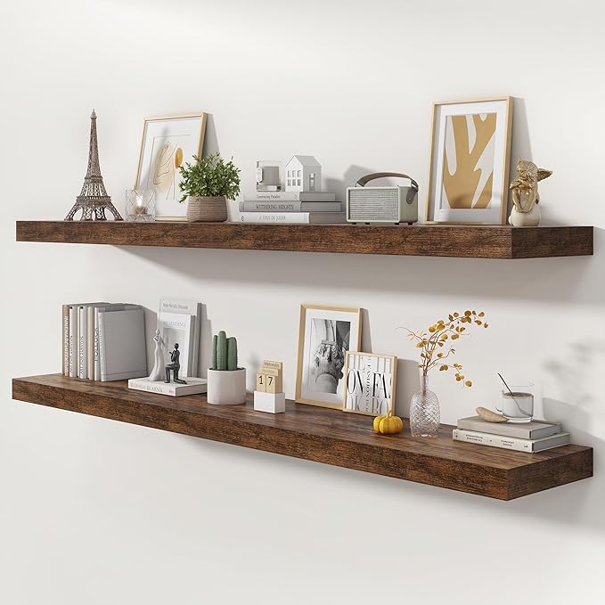 72 Inch Floating Shelves | 12 Inch Deep Floating Shelves Set of 2 | 72" W x 12" D Rustic Brown Wood Wall Shelves for Bathroom