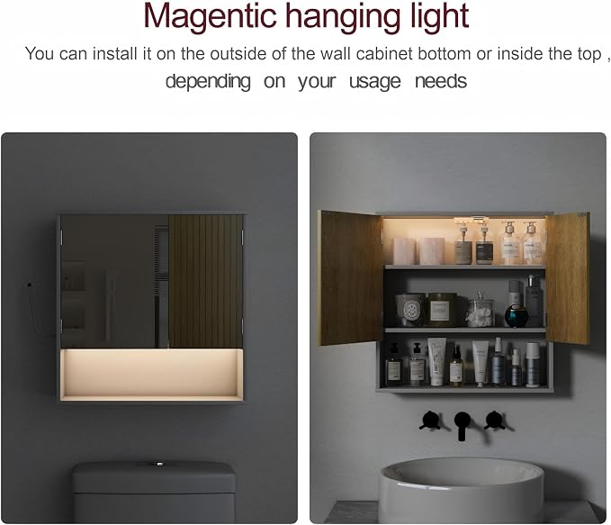 Bathroom Wall Cabinet With Mirror,wall mounted bathroom cabinet,Medicine Cabinet with 2 Door ,Side Hook,Light and Adjustable 