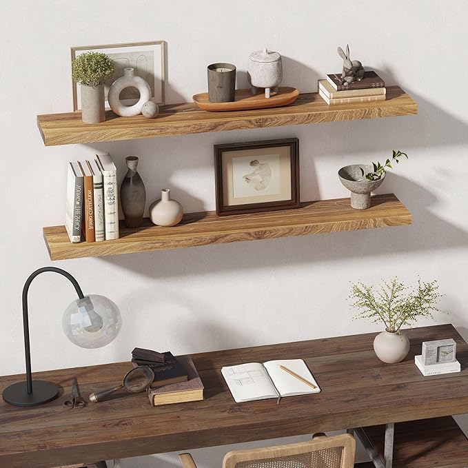 55 Inch Floating Shelves for Wall, Solid Elm Wood Wall Shelf for Home Decor, 8 Inch Deep Floating Shelf for Storage, 55 x 8 W