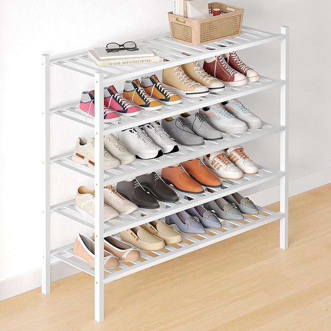 Smiry Bamboo Shoe Rack for Closet, 5 Tier Long Wooden Stackable Shoe Organizer, Free Standing Shoes Storage Shelf for Entrywa