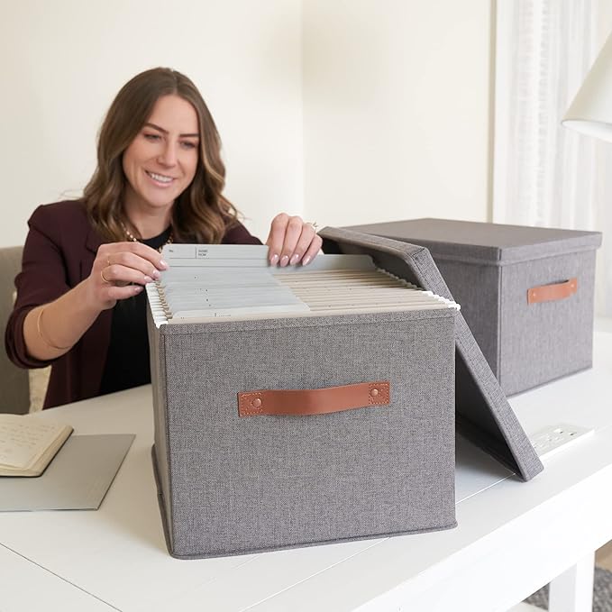 ZICOTO Decorative File Organizer Box Set of 2 - Collapsible Linen Filing Cabinets w/Handles Are Perfect to Store all Your Doc