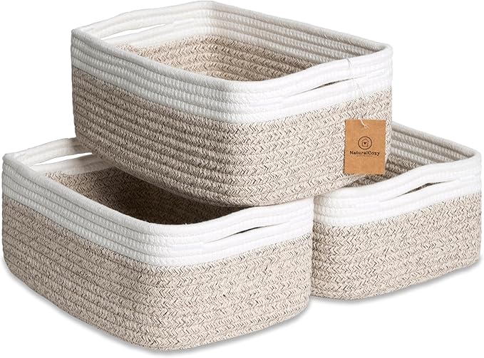 NaturalCozy 11.8"x8"x4.5” Storage Baskets for Shelves 3 Pack | Cotton Rope Woven Small Baskets for Organizing | Small Storage