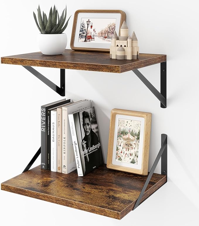 Deep Floating Shelves Wall Mounted, 16"x12" Brown Wood Shelves with Brackets Set of 2 for Bedroom, Living Room, Bathroom, Kit
