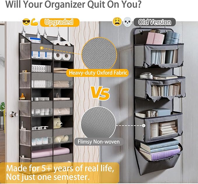 Over The Door Organizer with 5 Shelves, 9 Compartments + 10 Side Pockets, 90+ lbs Weight Capacity, Heavy-Duty Behind the Door