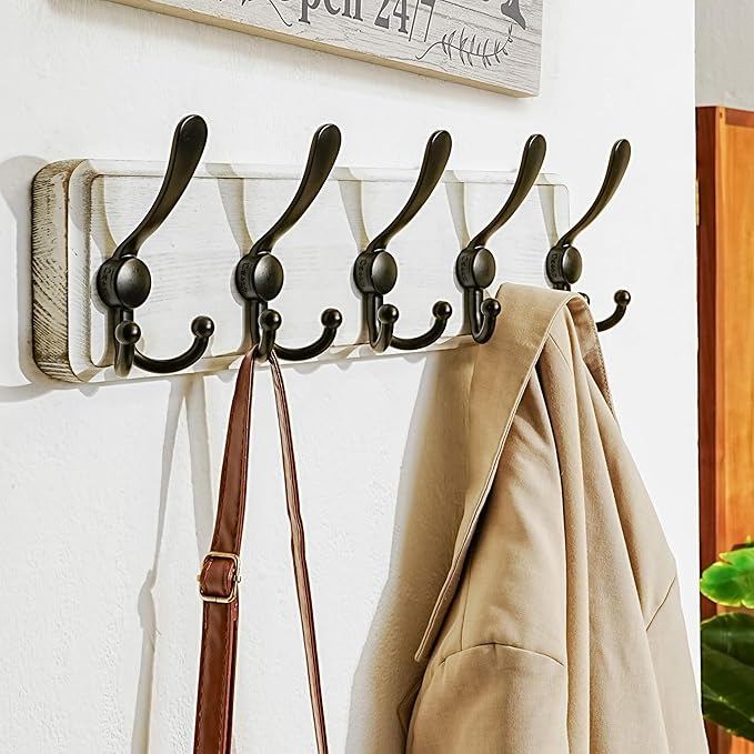 Dseap Coat Rack Wall Mounted - 5 Tri Hooks, Heavy Duty, Wooden Wall Coat Hanger Coat Hook for Clothes Hat Jacket Clothing, Wh