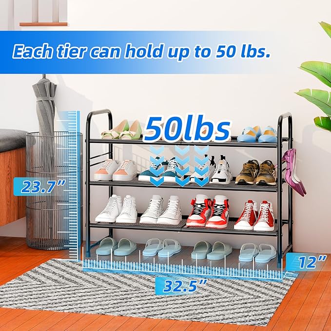 SUFAUY 3-Tier Mesh Shoe Rack, Closet Metal 33" Wide Shoe Shelf Heavy Duty, Black
