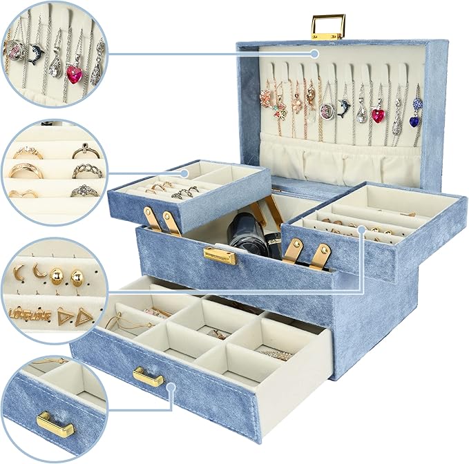 Dajasan Jewelry Organizer Box, Large Jewelry Boxes for Women Girls, Space-Saving 3 Layers Jewelry Storage Case with Drawer, G