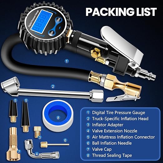 Digital Tire Gauge with Inflator & Deflator - LED Display & 0.1 PSI Resolution - Quick Release Valve & Heavy Duty Chuck - w/Adapter for Car, Truck, SUV, Motorcycle, RV, Balls