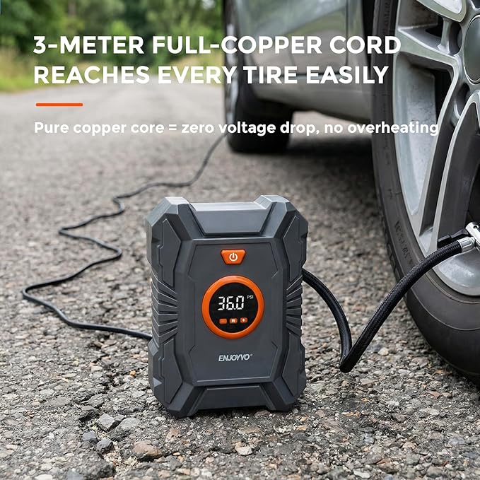 Cordless Tire Inflator Portable Air Compressor 100PSI with Auto Shut-Off, Built-In Cord & Hose Storage, 3-Meter Copper Power Cord, LED Light for Car Motorcycle Bike Ball