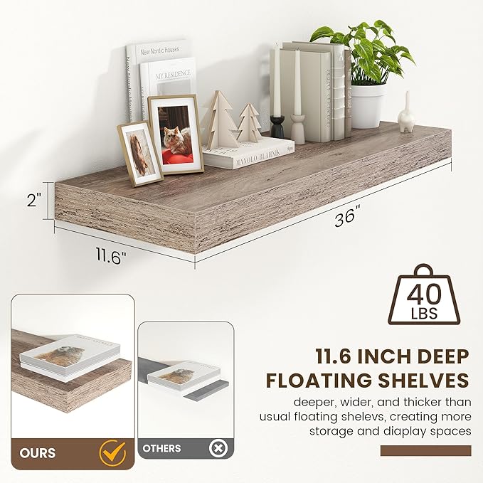 12 Inch Deep Floating Shelves | 36 Inch Grey Floating Shelves | 36" W x 12" D Rustic Wood Shelves for Wall | Deep Grey Shelve