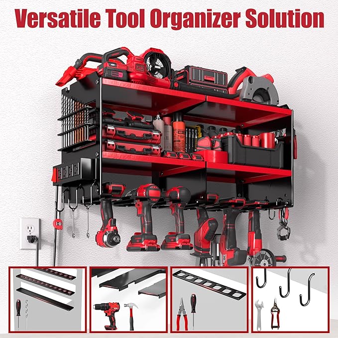 Spampur Heavy Duty Power Tool Organizer Wall Mount with Charging Station – 420 lb Capacity 3-Tier Storage Rack Holds 6 Drills