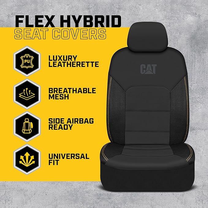 CAT PU Leather Seat Covers for Cars – (2) Front Seat Covers with (4) All-Weather Heavy-Duty Floor Mats for Trucks, Cars, & SU