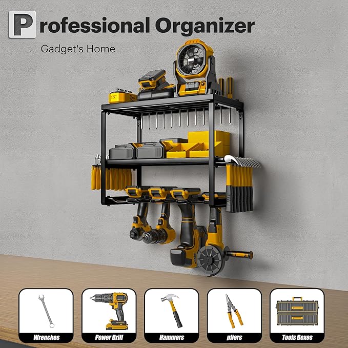 Spampur Power Tool Organizer Wall Mount, 3 Layers Storage Rack with 4 Drill Holders, Garage Storage Rack for Handheld, Metal 