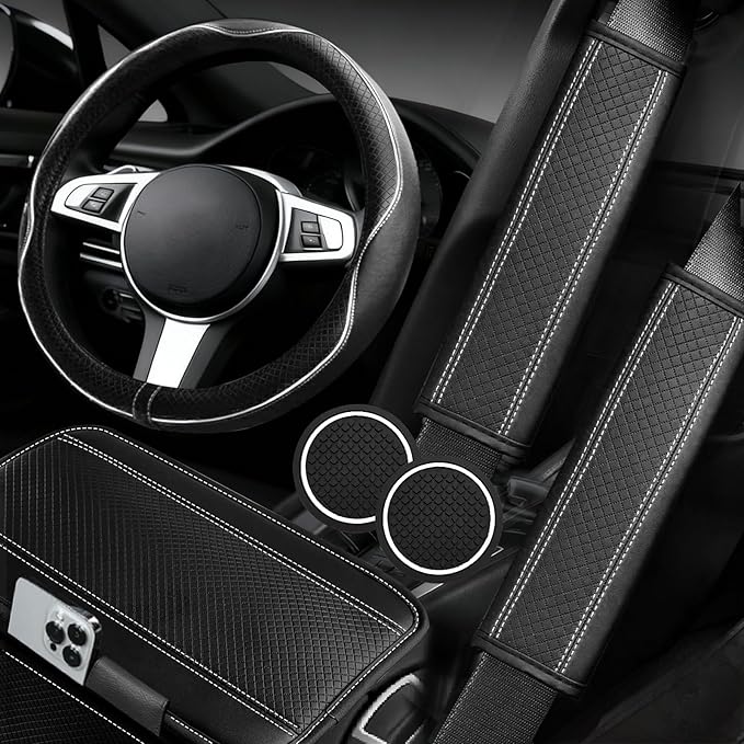 NBTEPEM 6 PCS Car Steering Wheel Cover Set, Microfiber Leather Steering Wheel Covers Universal 14.5-15 inch, Center Console Cover, Seat Belt Cushion, Cup Holder Coaster, Car Accessories Set White