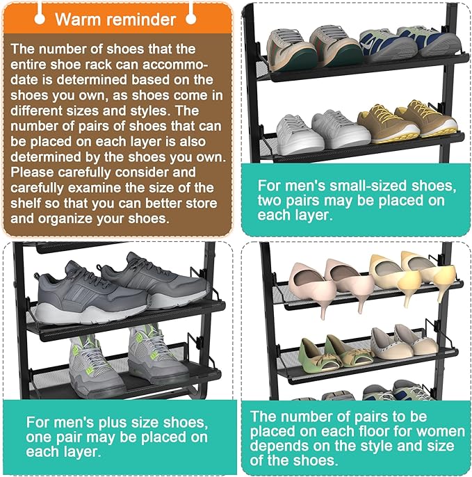 bukfen Over the Door Shoe Organizer, 6-Tier Adjustable Door-Mounted/Wall-Mounted Shoe Rack, Heavy-Duty Metal Storage for Clos